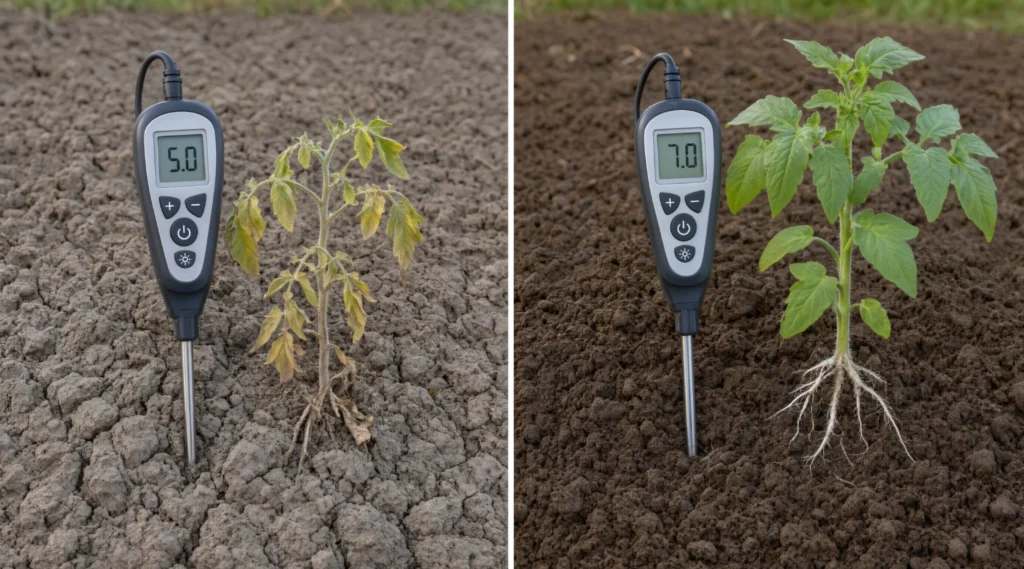 Split image showing acidic pH 5.0 soil with stunted plant vs limed pH 7.0 soil with healthy plant