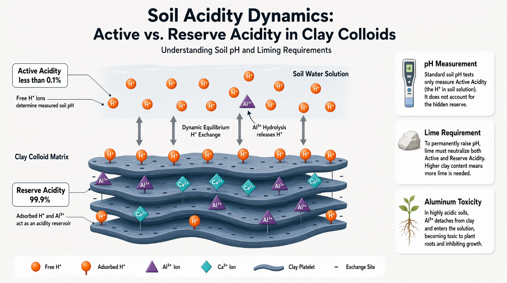 Diagram contrasting active acidity in soil solution with reserve acidity bound to cation exchange sites on clay colloids