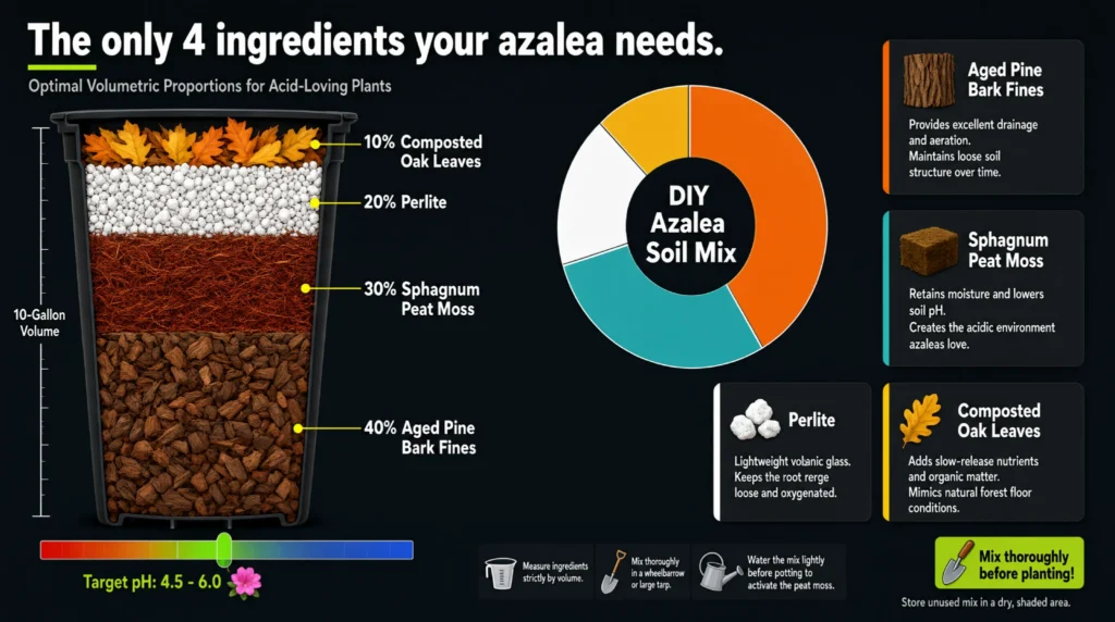 Volumetric diagram of DIY azalea soil mixture: 40% pine bark fines, 30% peat moss, 20% perlite, 10% oak leaf mold