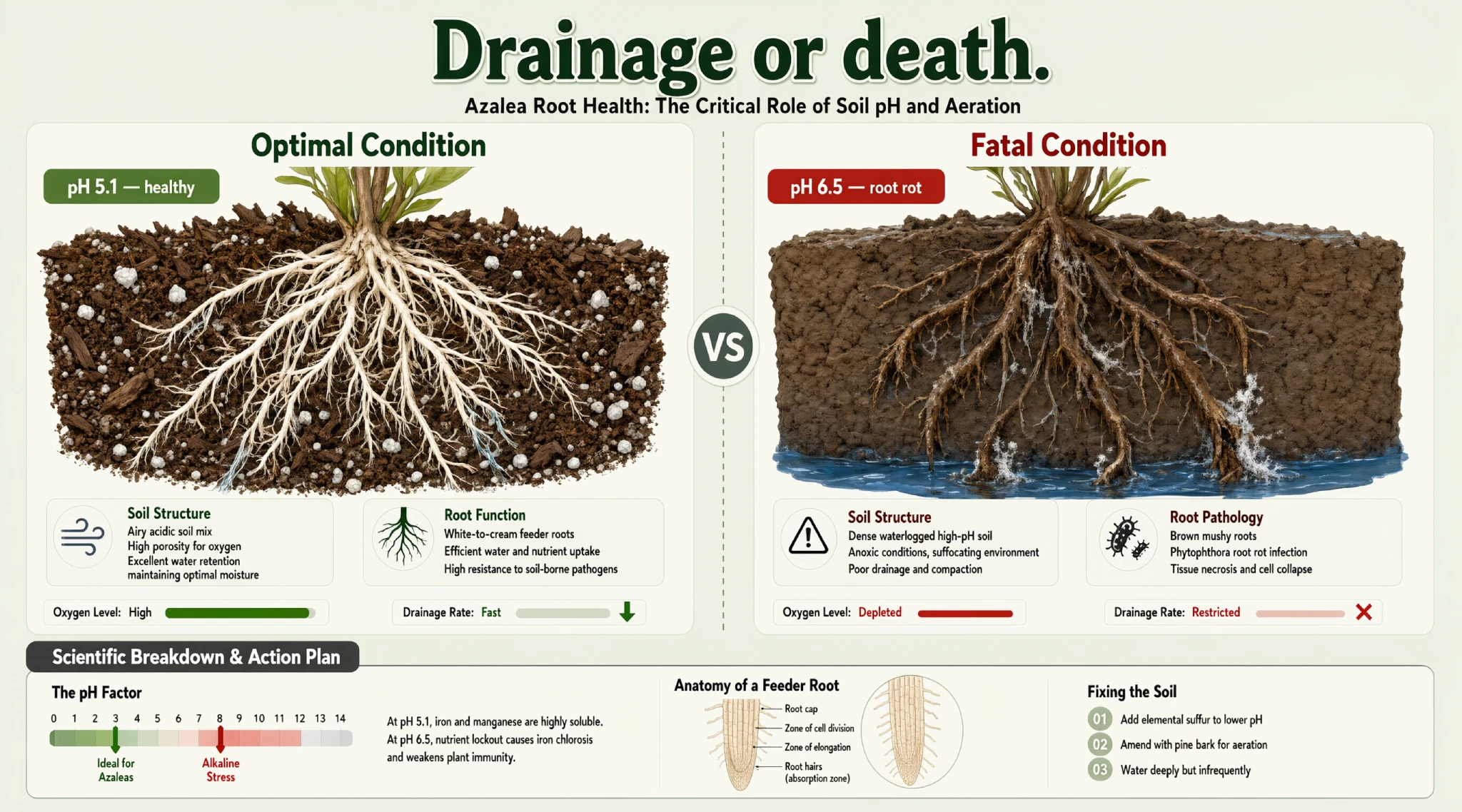 Side-by-side azalea roots: healthy white feeder roots in acidic mix versus brown circling roots in high-pH soil