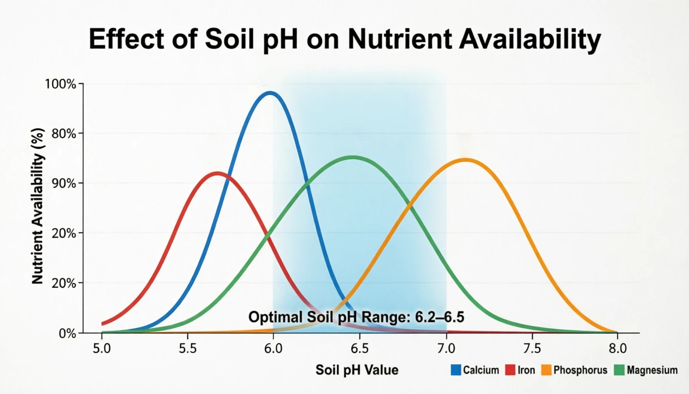 Nutrient availability bell curve showing calcium, phosphorus and magnesium peaking between soil pH 6.0 and 6.8 for tomatoes
