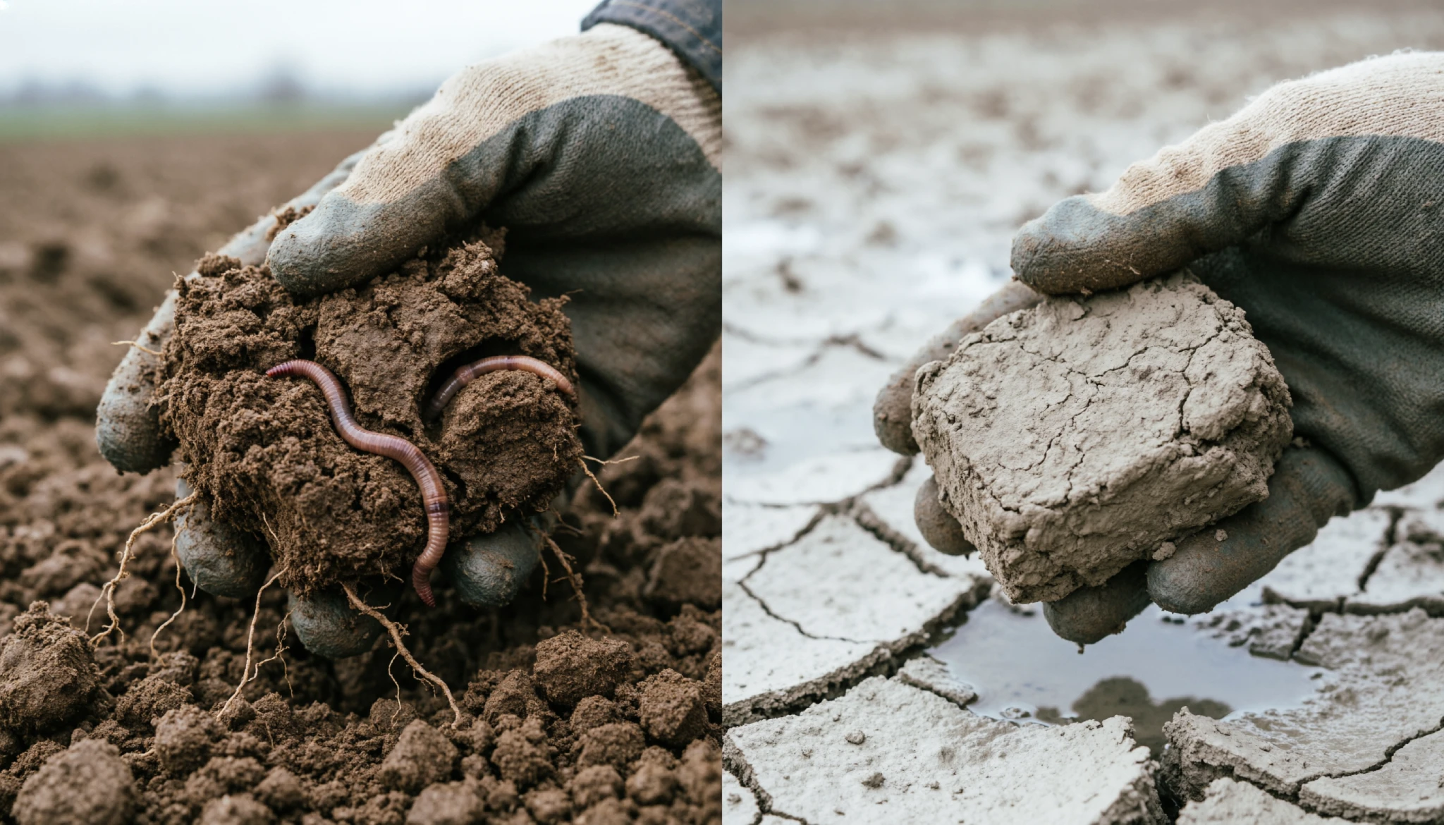 Side-by-side healthy soil aggregates versus sodium-dispersed crusted soil surface with standing water puddling