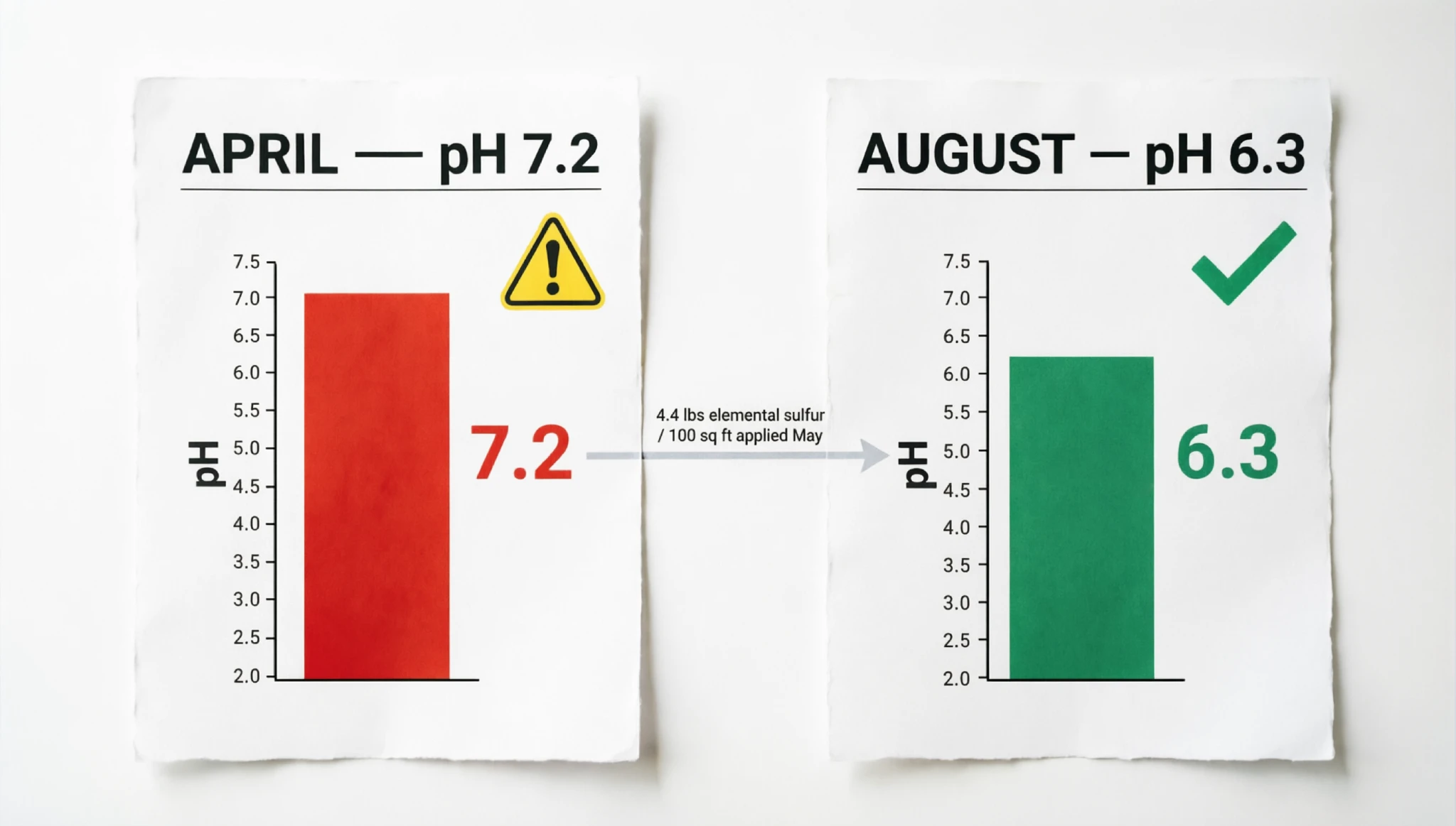 Side-by-side soil test reports showing pH 7.2 in April, 4.4 lbs per 100 sq ft sulfur application, and pH 6.3 by August in our tomato plot