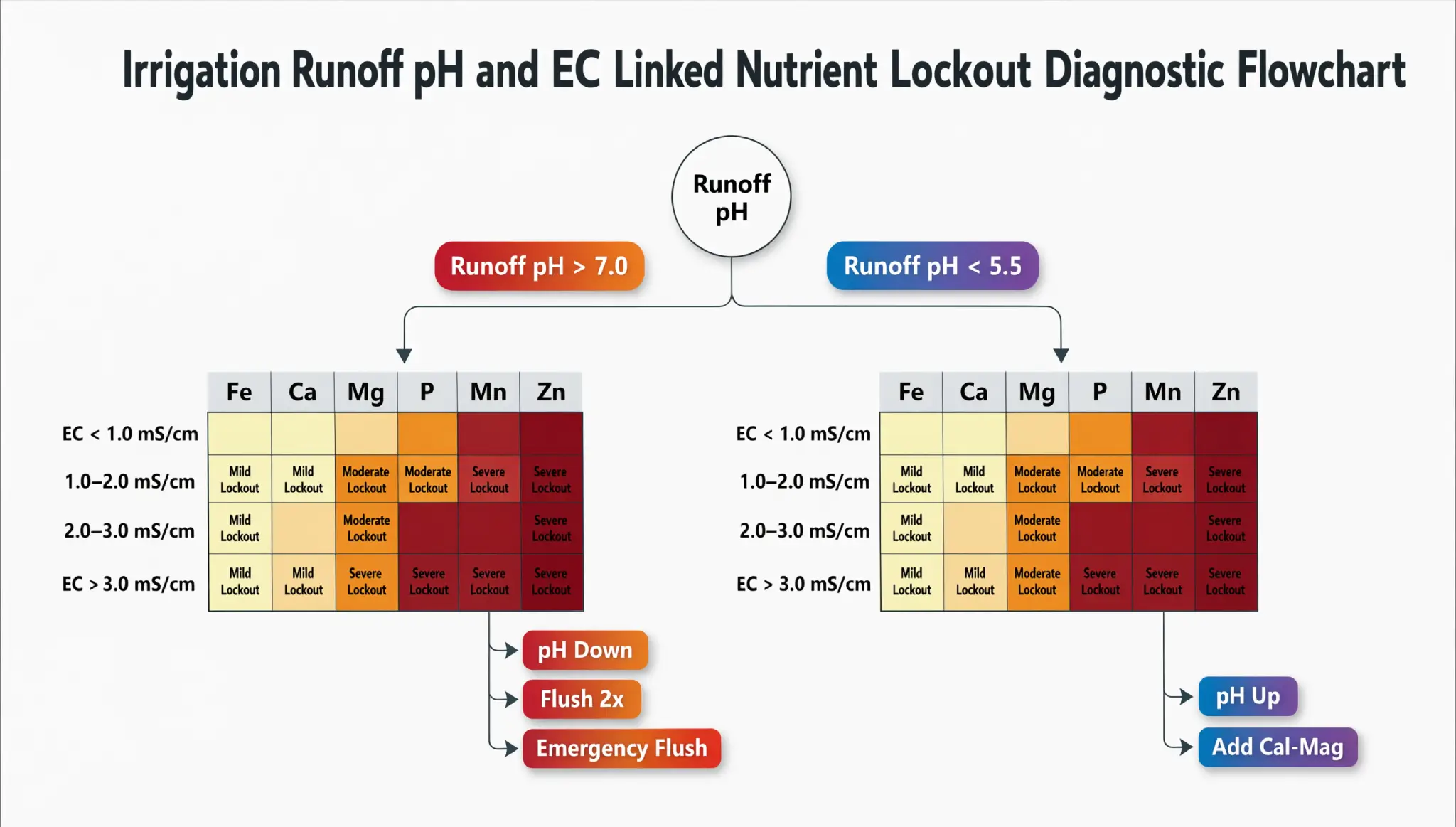 Diagnostic matrix flowchart mapping runoff pH and EC deviations to locked calcium, magnesium, iron, and phosphorus